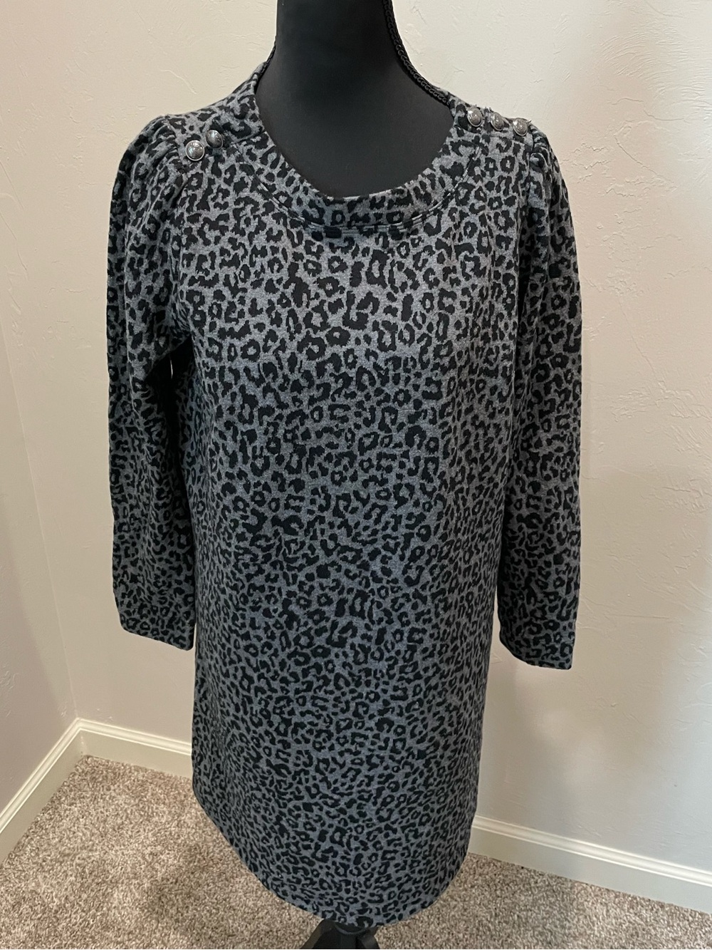 LOFT Black and Gray Leopard Print Midi Dress